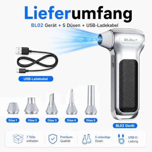 BiLOLLY Compressed Air Duster, 130000RPM Electric Air Duster, Cordless Rechargeable Air Blower, Turbo Fan Mini Blower, Violent Fan with 5 Nozzles for Keyboard, Computer, Laptop, Car & Home