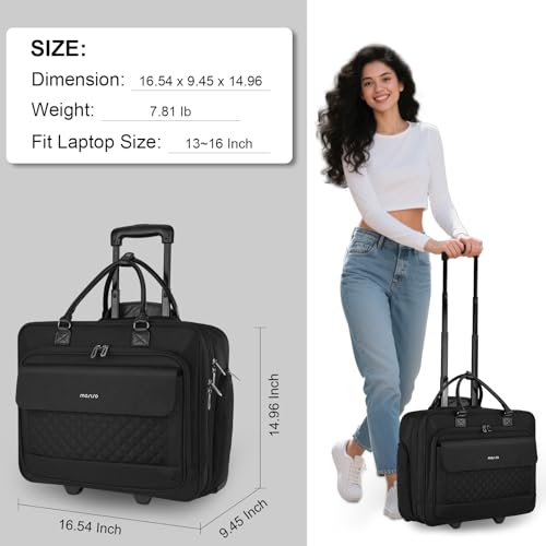 MOSISO Rolling Laptop Bag with Wheels, Rolling Briefcase for Women with Front Pocket & Belt for Work Travel Business, 15-16 inch Expandable Overnight Computer Bag Roller Briefcase for Men, Black