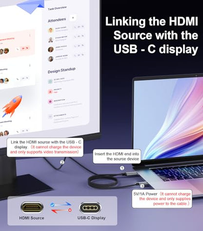 Reborn HDMI to USB C Cable Adapter [6FT 4K@60Hz], Uni-Directional HDMI (Source) to USB-C (Monitor) with USB Power for AR Glasses XREAL One、Air 2 Pro/VITURE Pro/RayNeo Air 2s,PS5,Portable Monitors - size: 6FT