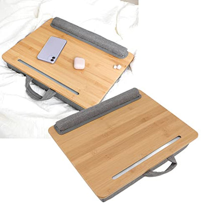 Lap Desk, Multifunction Bamboo Laptop Table with Cushion, Ergonomic Angle, Natural, Safe, Sturdy 3 in 1 Pillow Top Laptop Desk for Reading Writing Playing