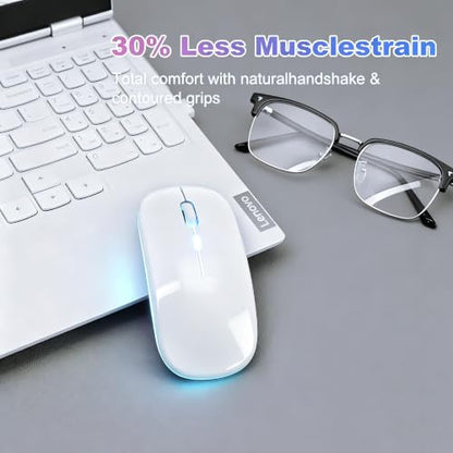 Wireless Bluetooth Mouse Rechargeable Long Lasting Dual Mode - BT 5.2 & 2.4G Silent RGB LED Mice, Slim Portable Ergonomic Mouse for Laptop/PC/Tablet/MacBook/iPad/Apple Devices(White) - color: White