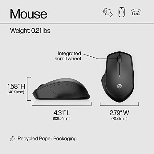 HP 280 Silent Wireless Mouse - Ergonomic, Right-Handed Design - 2.4GHz USB Wireless Connection - Multi-Surface Technology, 1600 DPI Optical Sensor - Win, Chrome, Mac OS - Up to 18-Month Battery Life - style: Silent Ergo