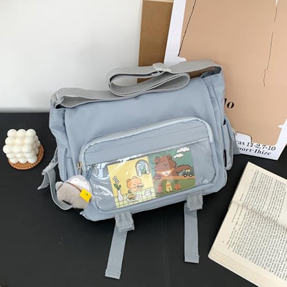 Kawaii Crossbody Ita Bag for Women with Pin and Plush Penguin, Cute Messenger Bag Japanese Crossbody Bag Y2K Purse - color: Blue, size: Medium-Compact