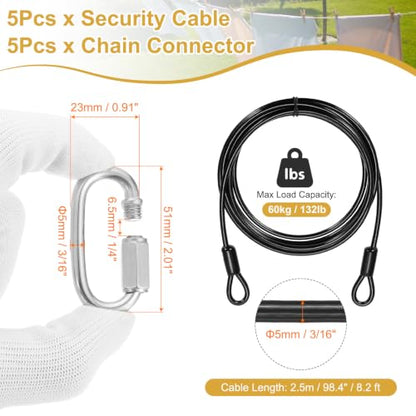 PATIKIL Security Cable Lock (3/16" Dia 8.2ft, Black)(5 Set) Vinyl Coated 304 Stainless Steel Double Loop Flexible Wire Rope Safety Cable with Quick Links Locking Connectors - color: Black, size: 3/16" x 8.2ft