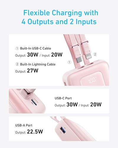 Anker Power Bank,20,000mAh 30W Portable Charger,USB-C and Lightning Cables - color: White