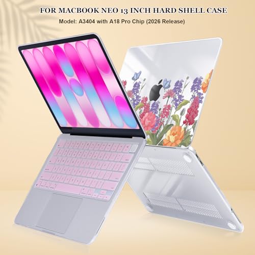 for MacBook Neo 13 inch Case 2026 Release A3404 Cover, Ultra-Thin Printed Pattern Plastic Hard Shell Case Protective Case for MacBook Neo 13 with Apple A18 Pro Chip, Pink & Purple Flowers - color: Pink & Purple Flowers