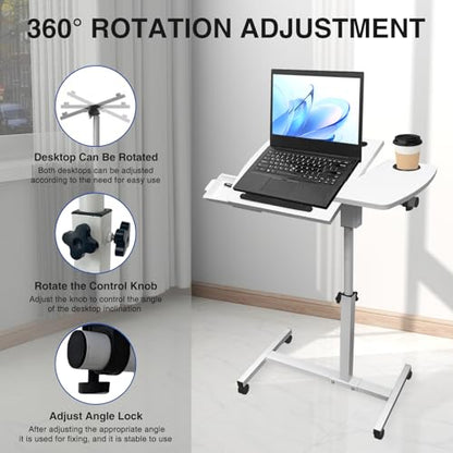 Medical Adjustable Overbed Bedside Table Teacher Podium Laptop Computer Cart Mobile Laptop Desk with 2 Tilting Desktops,Cup Holde,Drawer，Wheels for Office, Home and Classroom (White) - color: White-fba