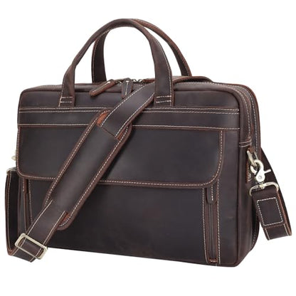 Masa Kawa Leather Briefcase for Men 15.6", 17" Laptop Computer Case Business Travel Work Messenger Cross Body Shoulder Bag - color: Brown-fits 15.6" Laptop