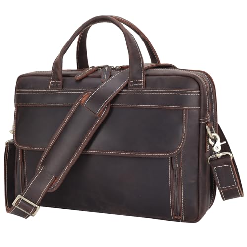 Masa Kawa Leather Briefcase for Men 15.6", 17" Laptop Computer Case Business Travel Work Messenger Cross Body Shoulder Bag - color: Brown-fits 15.6" Laptop