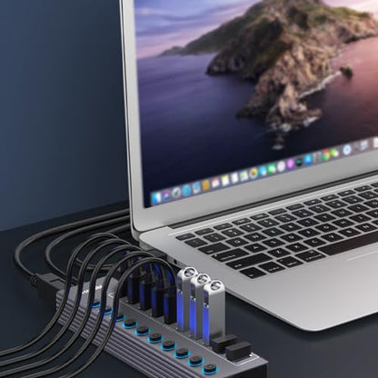 Powered 10-Port USB 3.0 Hub, USB C to 10 Ports USB Data Hub Splitter with Individual LED On/Off Switche, 3.3FT Cable, 12V/3A Power Adapter, for Laptop MacBook Pro/Air PC (Aluminum Gary)