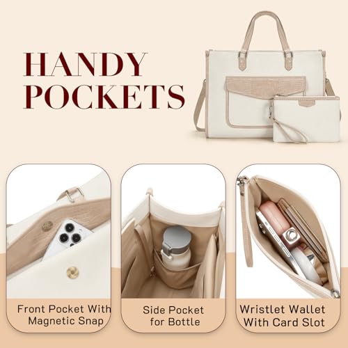 Missnine Tote Bag Canvas Laptop Bag for Women 15.6 inch Casual Work Bags with Clutch Purse Computer 2 PCS Set (Croc-embossed Light Khaki) - color: Croc-embossed Kahki