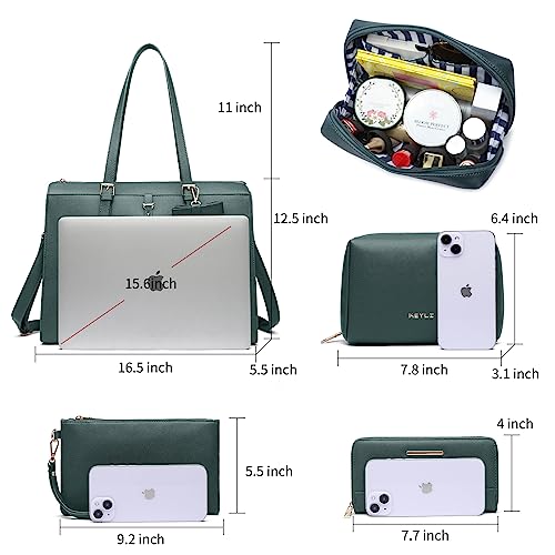 Keyli 4pc Sets Laptop Bag for Women Large Leather Laptop Briefcase with USB Charging Port Computer Shoulder tote Bags Purse - color: Green