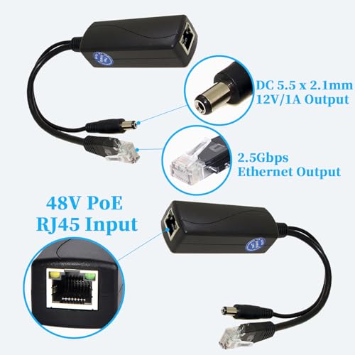 2.5G PoE Splitter 12V/1A, DC 5.5 * 2.1mm Plug, 48V PoE to DC 12V/1A 12W Output, 2.5Gbps Ethernet Comply IEEE802.3af/at, Plug and Play for IP Camera, Smart Home - style: PS5712G-X DC 5.5 x 2.1 12V/1A