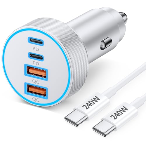 iPhone 17 16 15 Car Charger Fast Charging, 90W 4Port USB C Fast Car Charger | Cigarette Lighter Adapter, with 240W 3FT USB-C Cable, for iPhone 17/Air/17 Pro Max/17e/16/15 Pro Max/Plus/16e, iPad, Android - color: White