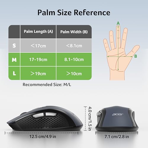 acer Wireless Mouse for Laptop, 2.4GHz Computer Mouse 5 Adjustable DPI Office Cordless USB Mice with USBA Receiver, 6 Buttons, 4000 DPI, Medium to Large Sized Hands Compatible with PC, Laptop, Desktop