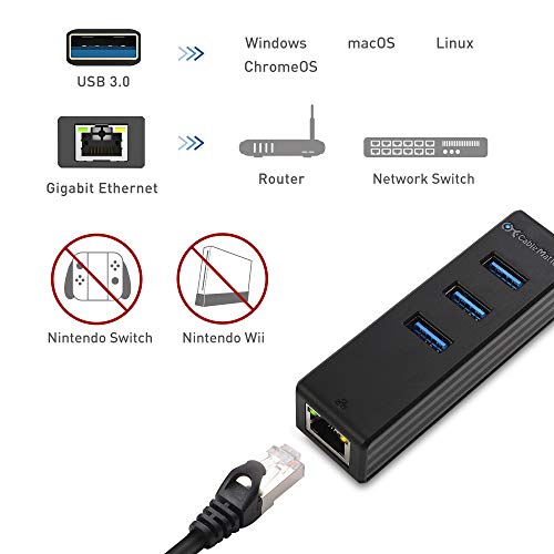 Cable Matters 4-in-1 USB 3.0 Hub with Gigabit Ethernet | 10/100/1000Mbps Network, 3x 5Gbps USBA Ports, Black