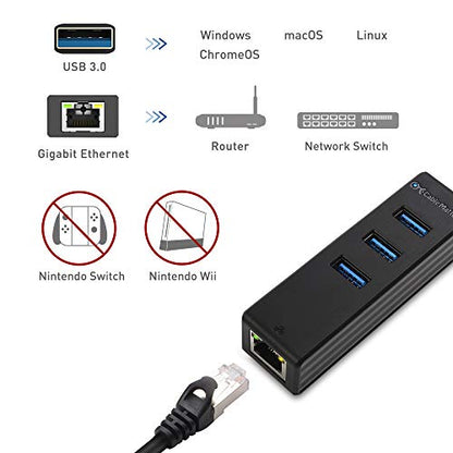 Cable Matters 4-in-1 USB 3.0 Hub with Gigabit Ethernet | 10/100/1000Mbps Network, 3x 5Gbps USBA Ports, Black