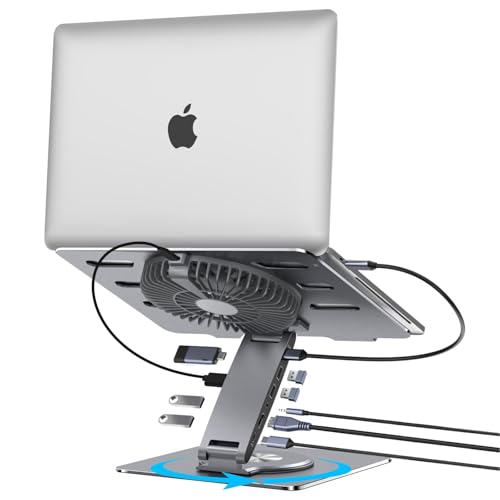 USB-C Hub Laptop Stand with Fan, Aluminum Laptop Riser with Docking Station 9-IN-1, 4K@60Hz HDMI, 100W PD Charging, USB 3.0, 3.5mm Audio, 360° Swivel, for MacBook Pro/Air, iPad Pro & Type-C Laptops - size: 9-in-1 Hub Stand