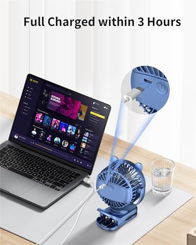 GOTOTO Clip on Fan, Rechargeable Portable Fan with 2000mAh Battery Operated, Small Fan with Powerful Clip Design, 3 Wind Speed, 360° Rotation, Ultra-Low Noise Level Personal Fan for Travel - color: Blue