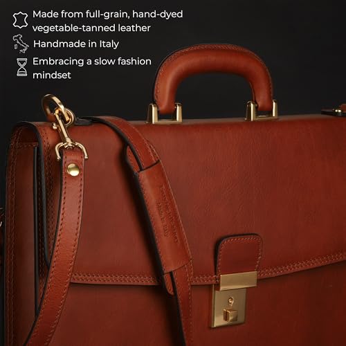 Time Resistance Leather Briefcase - Italian Handmade Leather Laptop Bag - Handbag for Men - Professional Computer Case - color: Cognac Brown