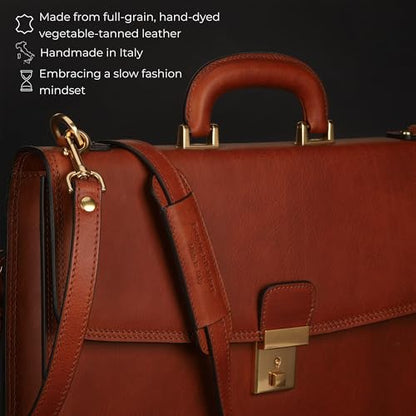Time Resistance Leather Briefcase - Italian Handmade Leather Laptop Bag - Handbag for Men - Professional Computer Case - color: Cognac Brown