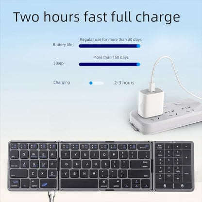 Foldable Bluetooth Keyboard with Touchpad and Number Pad, 3 Devices, Bluetooth 5.1, Rechargeable Full Size Ultra Slim Keyboards for Phone, Tablet, Laptop (Gray) - color: Gray