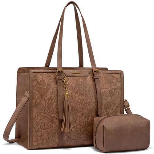 LOVEVOOK Laptop Bag for Women - PU Leather Vintage Laptop Tote Bag,15.6inch Large Capacity Computer bag with Clutch Purse for Business, Work, Office,Commute - color: Light Maroon Embossed, size: 15.6 Inch