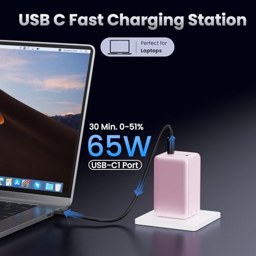 128W USB C Wall Charger,GaN III 3-Port Fast Charging Station,PD QC Foldable Charger Block Portable 65W Laptop Adapter for MacBook Pro/Air,iPad Pro,Galaxy S23,Dell XPS 13,iPhone 17/16/Pro etc - color: Pink
