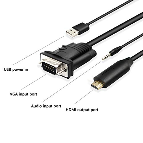 1.8m Male VGA to Male HDMI Converter Adapter cablewith 1080P HD Video Converter Cord with 3.5mm Audio Cable & USB Power Cable for Old PC to New TV/Monitor/Projector