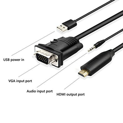 1.8m Male VGA to Male HDMI Converter Adapter cablewith 1080P HD Video Converter Cord with 3.5mm Audio Cable & USB Power Cable for Old PC to New TV/Monitor/Projector