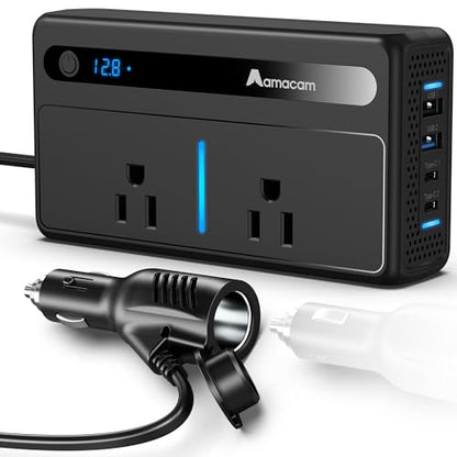 300W Continuous Inverter – 110V 12V/24V Input with 2 US Outlets 4 USB & Built-in 12V DC in Plug – 7-Port for Cars Vans RVs – Powers Laptops & Small Appliances
