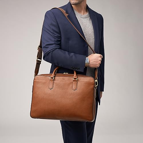 Fossil Men's Haskell or Asher Leather Messenger Briefcase Work Laptop Bag for Men - color: Asher Brown Leather