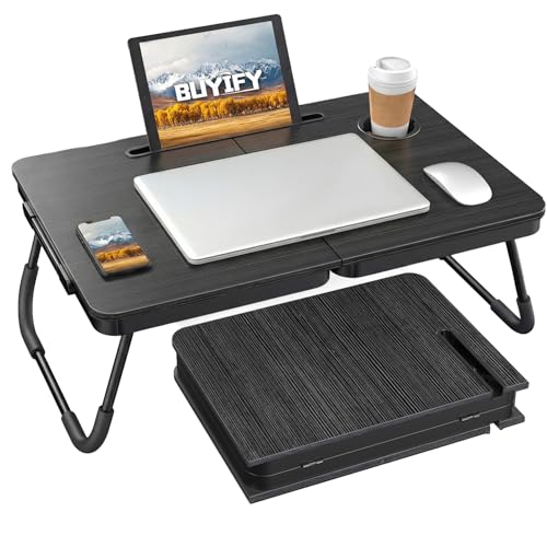 BUYIFY 23.4" Foldable Lap Desk Bed Table with Cup Holder Tray Black | Portable Folds Flat for Easy Storage, No Assembly Laptop Bed Desk, Sturdy and Lightweight, Patent Design - color: Black