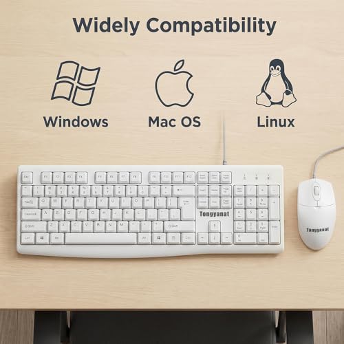 Tongyangat Wired Keyboard and Mouse Combo, Full-Size USB Keyboard with Numeric Keypad, Ergonomic Wired Mouse, Plug & Play, Compatible with Windows, Mac, Laptop, Desktop, Computer (White) - color: T907-White