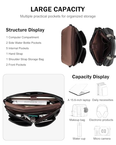 Messenger Bag for Women, 17L Leather Satchel Backpack Purse | Large Laptop Briefcase Multi Pocket Shoulder Bags, Spacious Compartments for Office, Travel, Work, Business, Daily Gift - color: Black Retro Style