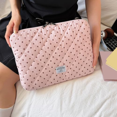Cute Bow Puffy Laptop Sleeve 13-15 Inch Cute Quilted Laptop Protective Case Padded Bow Computer Sleeve for MacBook (Polka dots Pink, 13inch) - color: polka dots pink, size: 13inch