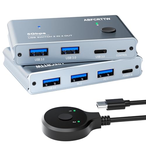 USB 3.0 Switch 2 in 4 Out with Desktop Controller, Aluminum USB Switch for 2 Computers with 1xUSB C Port and 3xUSB A Ports, 2 USB A to A Cables for Mouse, Keyboard, Printer, Webcam, U-Disk