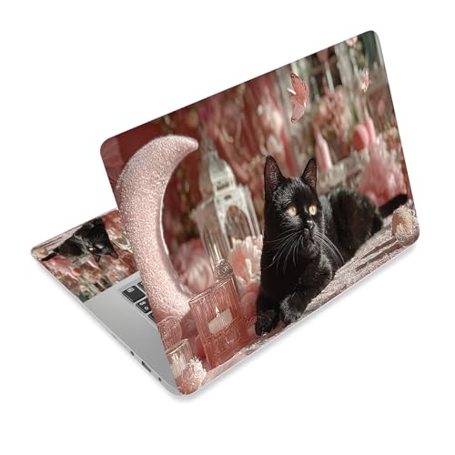 Universal Laptop Skin Sticker Decal,15.6 Inch Laptop Vinyl Cover for 13" 14" 15.6" Laptop,Scratch-Resistant Waterproof Protector Wrap,Reusable with Wrist Pads,Black Cat in Pink Moonlight - color: Black Cat in Pink Moonlight