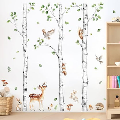 Large Birch Tree Wall Decals Forest Animal Stickers | Deer Rabbit Squirrel Owl Vinyl Wall Art Sticker Peel and Stick Decal for Baby Nursery Kids Room Home Decor (H: 60.2 In) - style: H60.2" White