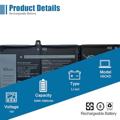 H5CKD Laptop Battery, 15V 53Wh 3360mAh Compatible with Dell Vostro 5300 5401 5501 Latitude 3410 3510 Inspiron 5300 5401 5408 5501 5508 5400 7405 7300 7500 2-in-1 Silver Series 07T8CD