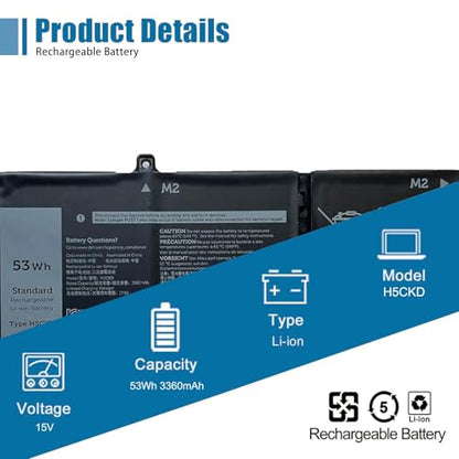 H5CKD Laptop Battery, 15V 53Wh 3360mAh Compatible with Dell Vostro 5300 5401 5501 Latitude 3410 3510 Inspiron 5300 5401 5408 5501 5508 5400 7405 7300 7500 2-in-1 Silver Series 07T8CD