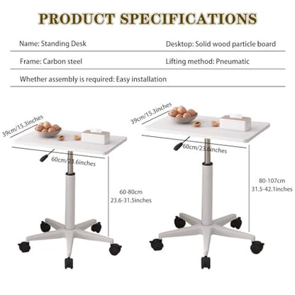 Height Adjustable Standing Table, Large Portable Laptop Desk with Wheels, Home Mobile Sofa Side Table, Easy Assemble Computer Desk(White,60 * 39 * 60-80cm) - color: White, size: 60*39*60-80cm