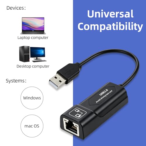 Ethernet to USB,USB to Ethernet Adapter,100Mbps to USB 2.0，Network Adapter for Laptop Computer,Desktop Computer,MacBook Pro,Compatible with Windows, macOS, and Linux