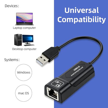 Ethernet to USB,USB to Ethernet Adapter,100Mbps to USB 2.0，Network Adapter for Laptop Computer,Desktop Computer,MacBook Pro,Compatible with Windows, macOS, and Linux