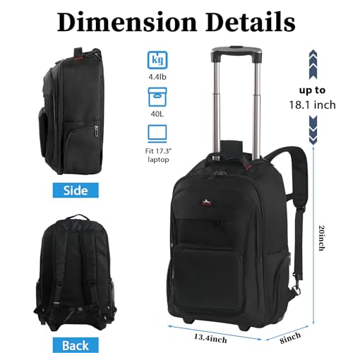 Rolling Backpack with Wheels, Roller Backpack for 17.3 Inch Laptop | 40L Water Resistant Wheeled Laptop Backpack, Flight Approved Carry on Luggage for Men Women Business Travel College, Black - color: Black