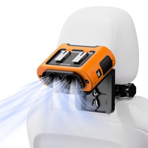 Socool Portable Car Fan - 14500mAh Rechargeable Battery Opearated, Clip on Car Seat Headrest 360 Rotatable, 5-Speed Backseat Fans for Baby Rear Facing Cooling with Dual Air Outlets for SUV RV Truck - color: Orange