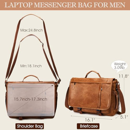 Messenger Bag for Men: Laptop Bag PU Leather Work Briefcase Large Carry On Computer for Office College Travel - color: Pu Brown