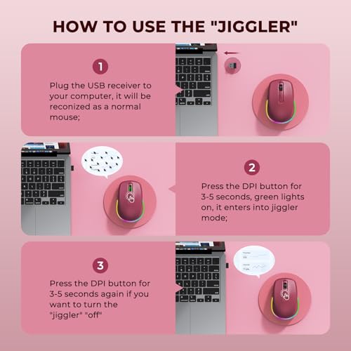 PEIOUS Wireless Mouse Jiggler - Keep Computers Awake, Wine Red | Rechargeable LED Mouse, Silent Clicks, Adjustable DPI and Random Movement Keep Computers Awake for Laptop/PC/Mac - color: Red