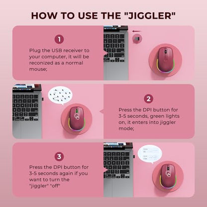 PEIOUS Wireless Mouse Jiggler - Keep Computers Awake, Wine Red | Rechargeable LED Mouse, Silent Clicks, Adjustable DPI and Random Movement Keep Computers Awake for Laptop/PC/Mac - color: Red