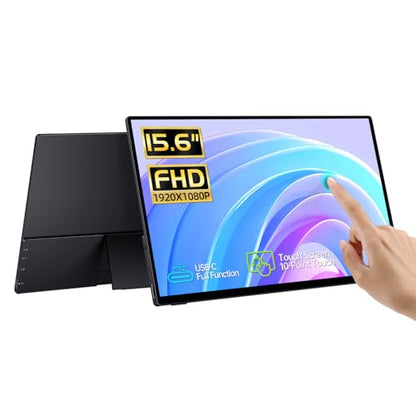 CAPERAVE Portable Monitor Touchscreen 15.6'', FHD IPS Touch Screen Monitor with Tempered Glass, Ultra Slim with Kickstand & Speaker, HDMI USB C External Screen for Laptop PC